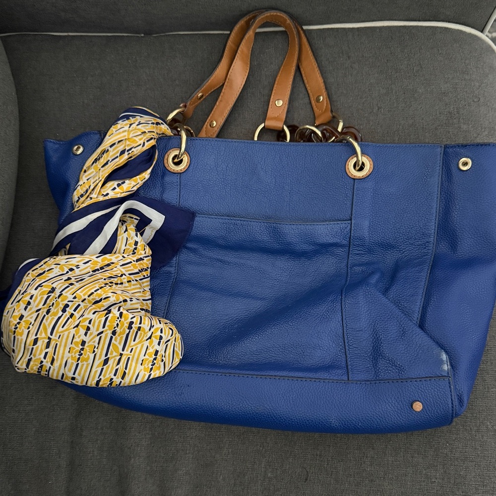 Emma &โ Sophia Tote Bag Womens Large Blue Fair Pebbled Faux Leather Scarf Detail